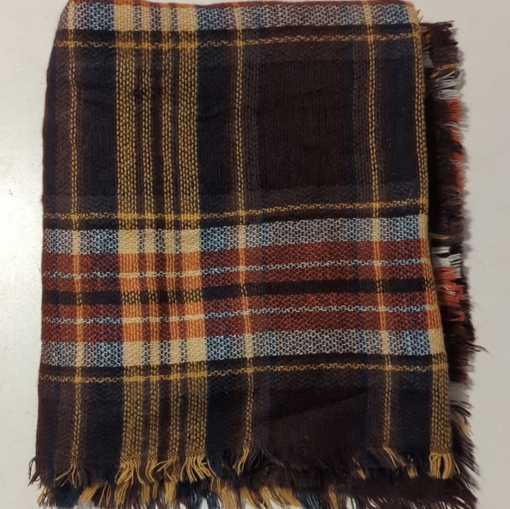 Oversized Blanket Scarf || Dark Brown w/ Yellow, Orange & White Plaid